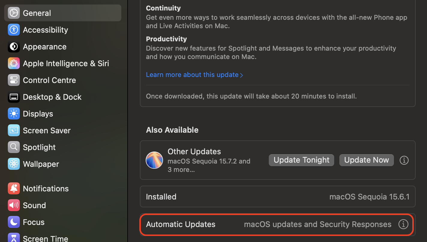 Click the i icon next to Automatic Updates, then enable all options to ensure your Mac installs updates automatically and stays secure.