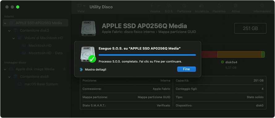 Per riparare volumi, contenitori e dischi sul Mac, selezionane uno dalla barra laterale di Utility Disco. Fai clic sul pulsante SOS e scegli Esegui. Se non vedi il pulsante Esegui, fai clic su Ripara disco. Al termine di SOS, fai clic su Fine.