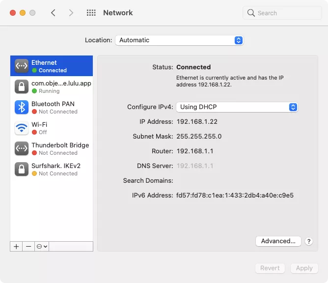 network preferences ethernet tab