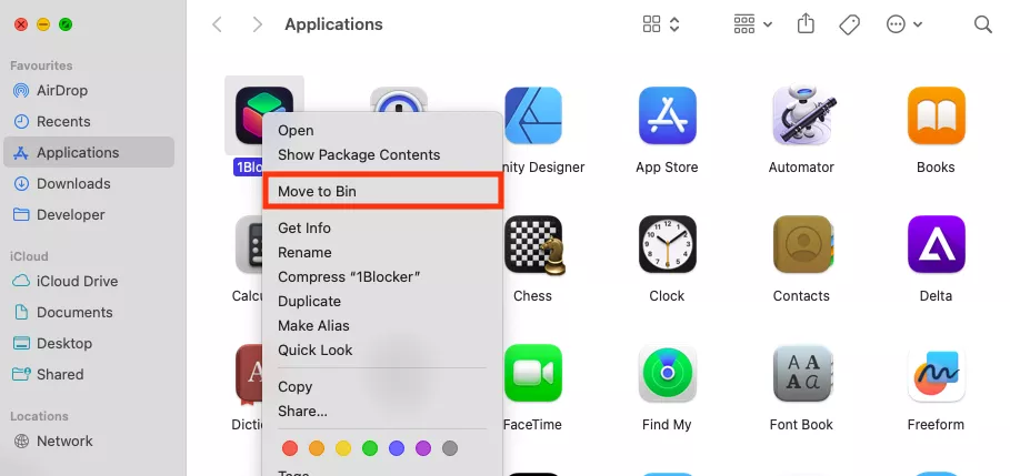 The Applications folder in Finder on Mac. To remove virus applications, right-click the app's icon, then select Move to Trash.