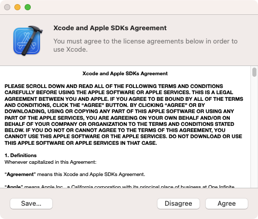 Find Xcode in your Applications folder. Agree to the license agreement and the terms and conditions.
