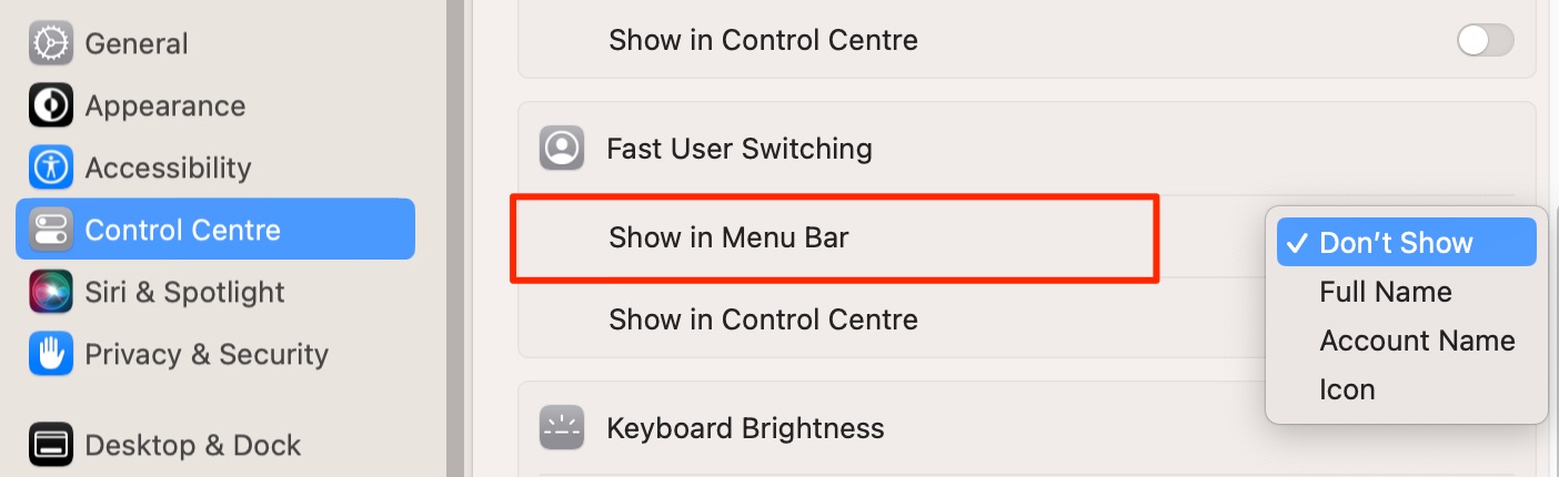 Turn off Fast User Switching by going to the Control Center on your Mac and picking the Don't Show option. You should then see the menu bar