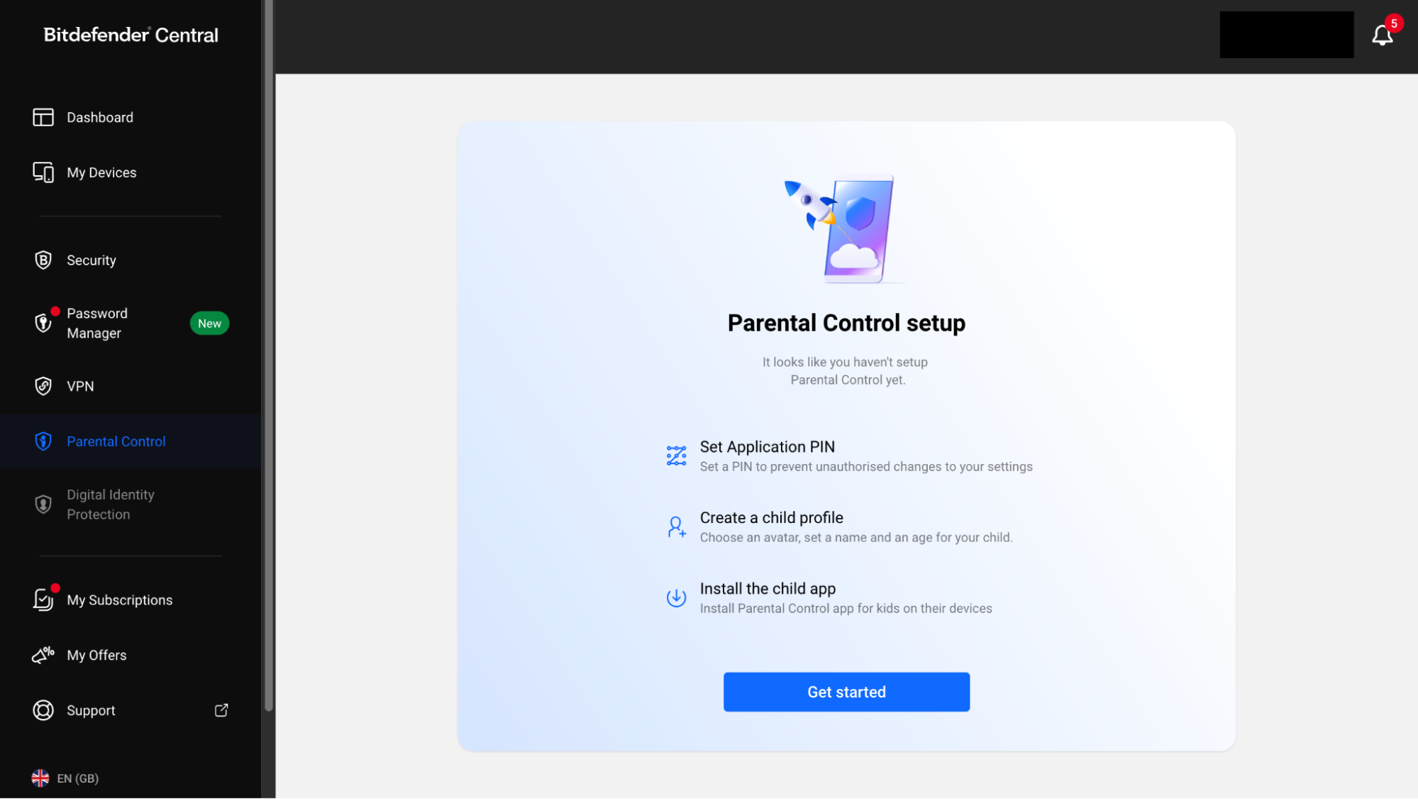Bitdefender Central on Firefox, open to the Parental Control setup page. Key features of Bitdefender products: parental control.