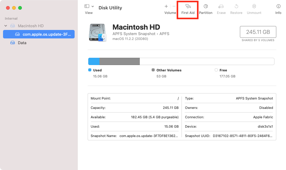 A Disk Utility window showing highlighted First Aid button. A Disk Utility window showing highlighted First Aid button.