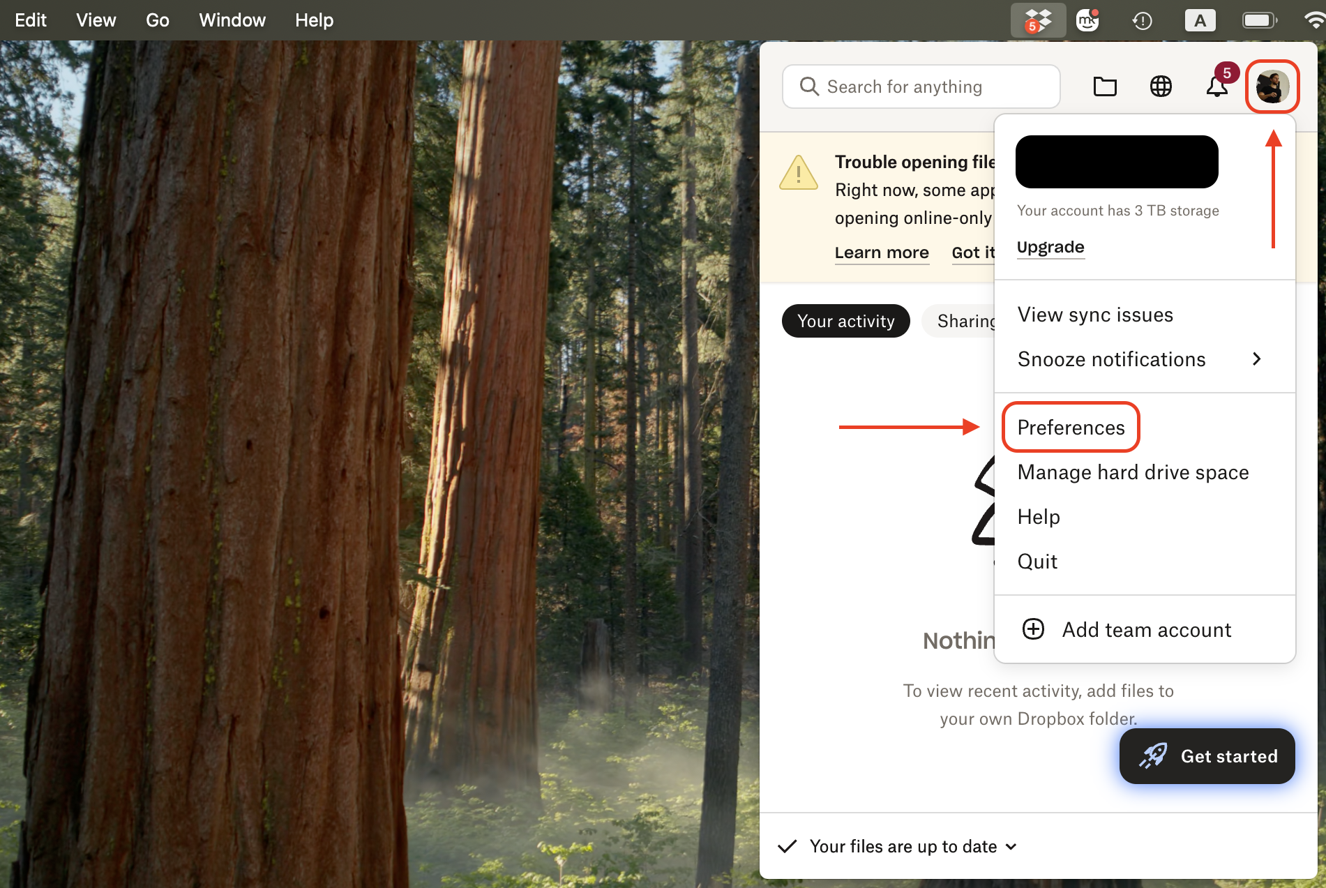 Click your profile icon or initials in the Dropbox menu, then choose Preferences to access your Dropbox settings.