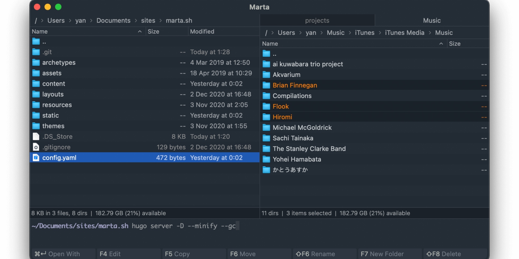 Marta interface on Mac showing file folders and projects