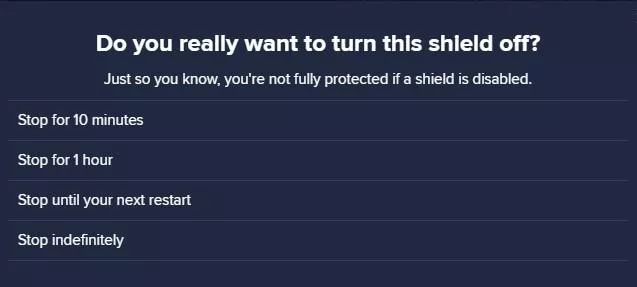 disabling avast core shields confirmation window