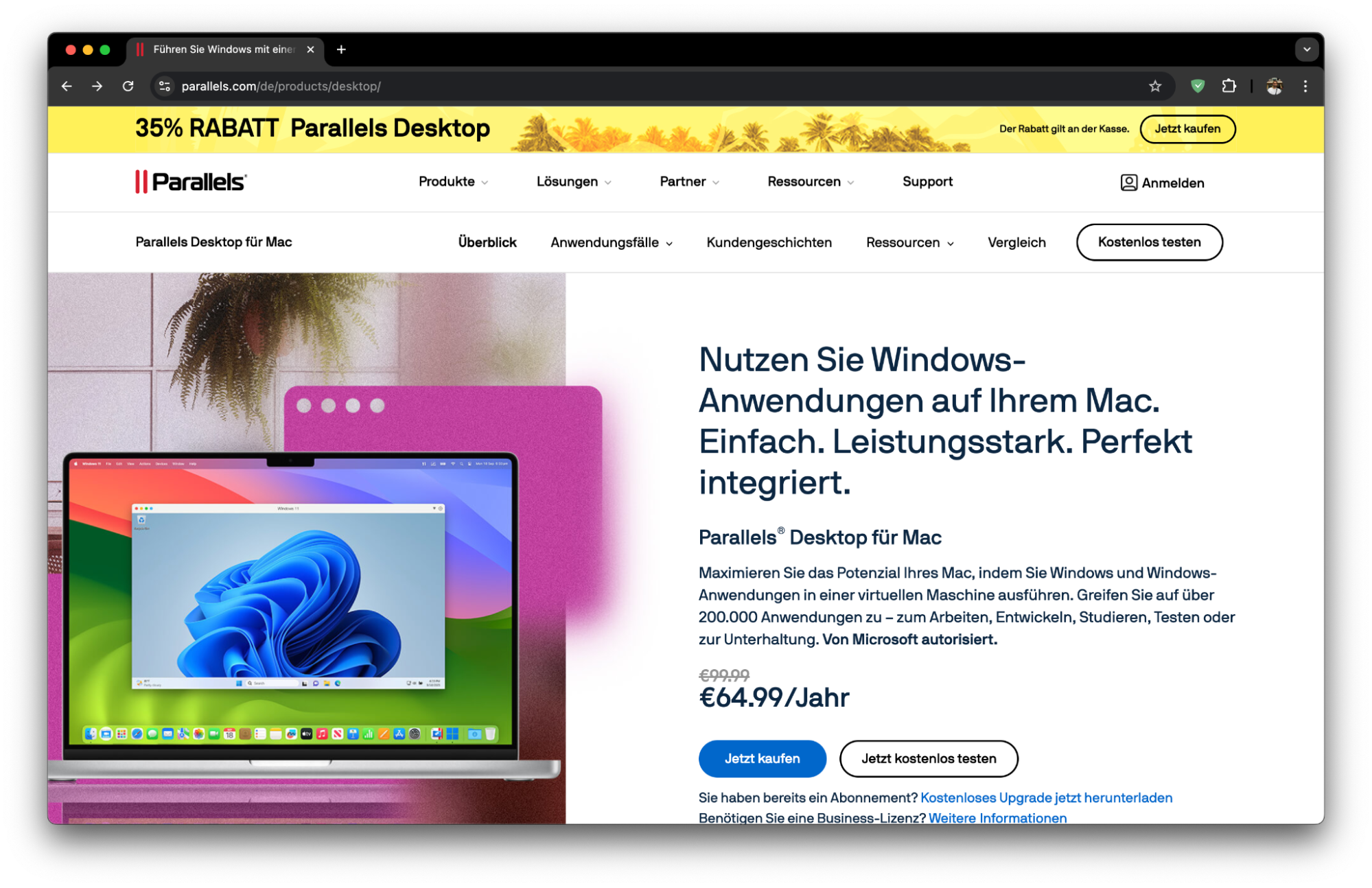 Um Parallels Desktop zu verwenden, klicken Sie bitte auf die blaue Schaltfläche Windows installieren. Ihr Gerät beginnt dann mit dem Herunterladen der Software.