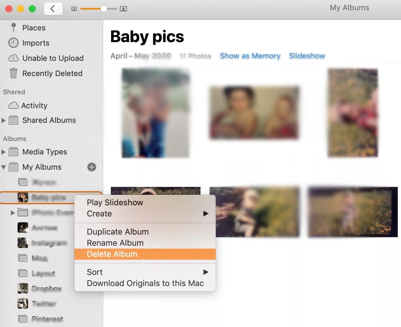 To remove an entire album in the macOS Photos app, launch Photos. Choose the album you want to erase, right-click on it, and select Delete Album. To remove an entire album in the macOS Photos app, launch Photos. Choose the album you want to erase, right-click on it, and select Delete Album.