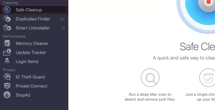 The Safe Cleanup tool selected, highlighted with a red box, shows the part of MacKeeper’s functionality to help you get more disk space