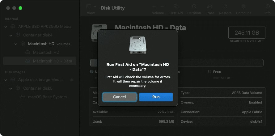 Put your Mac into recovery mode, then open the Disk Utility tool. Click 'First Aid', then check your disk for possible issues.