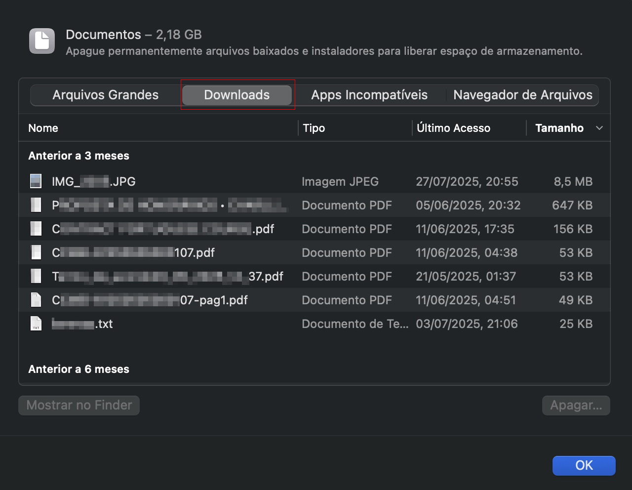 A seção Documentos do armazenamento do Mac é exibida para que o usuário entenda o tamanho ocupado no disco. Escolha a aba Downloads e exclua os arquivos redundantes daqui.