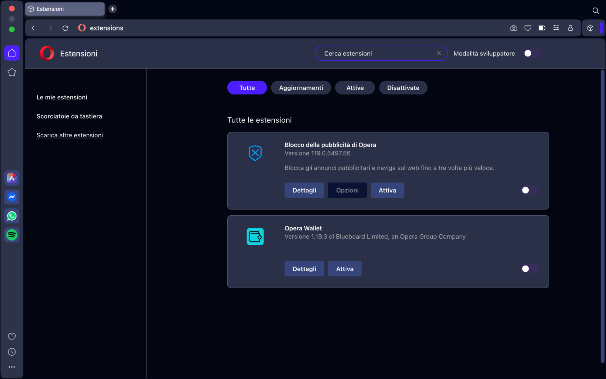 Ora controlla le tue estensioni di Opera. Se vedi qualcosa di sospetto, clicca sul pulsante Rimuovi per sbarazzartene.