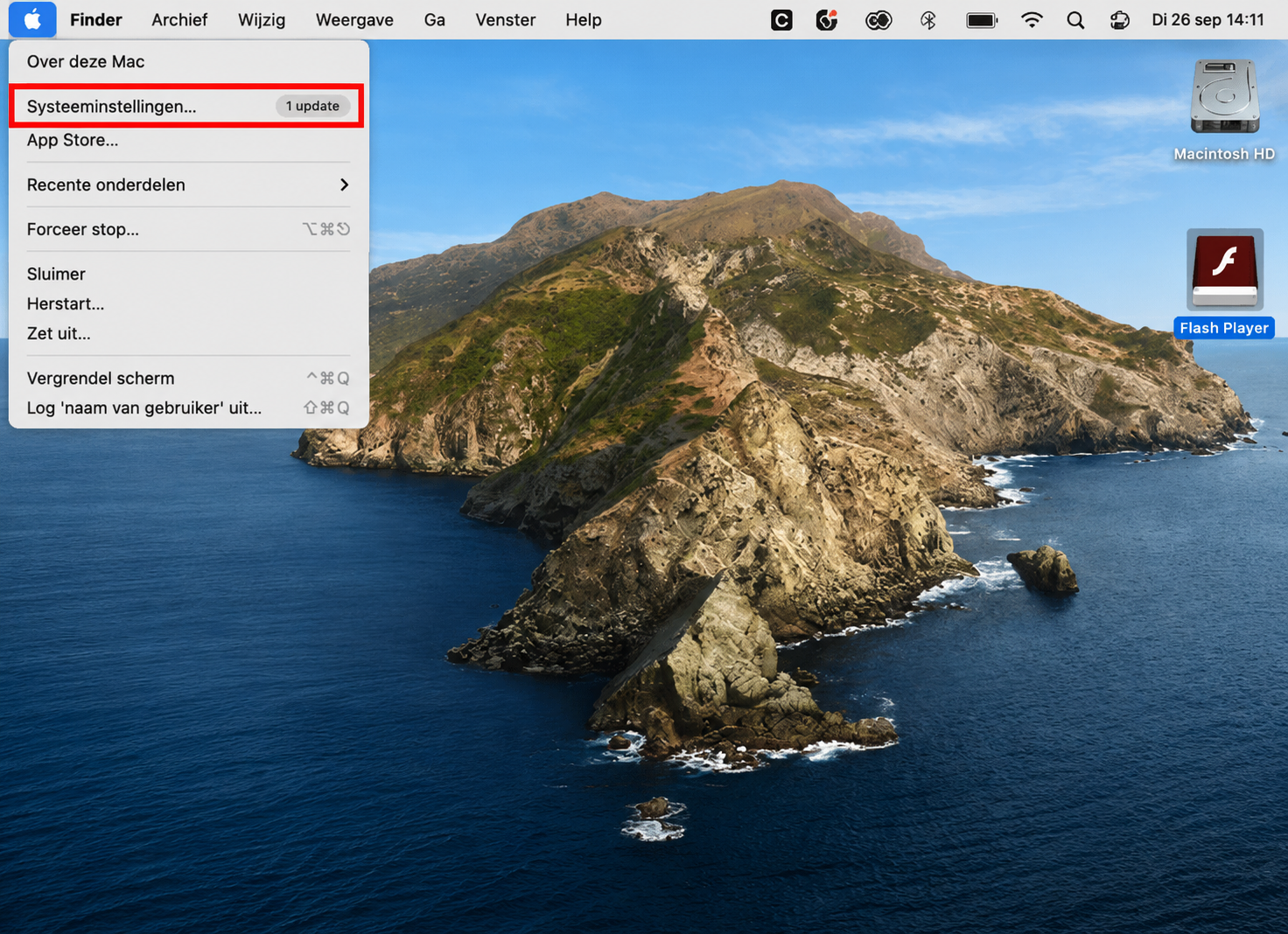 Als het Dock van je Mac is verdwenen, kun je dat ook herstellen. Klik hiervoor op het Apple-menu en selecteer Systeemvoorkeuren, gevolgd door Dock en menubalk.
