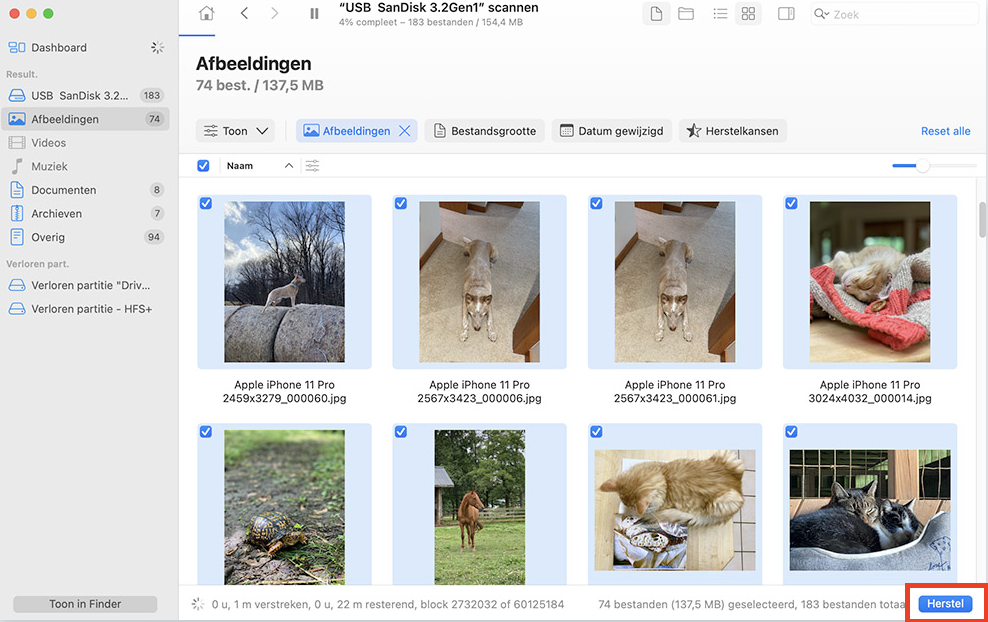 Wanneer je een back-up hebt gevonden die je wilt terugzetten, klik je op de knop Herstel onder het gewenste venster in Time Machine.