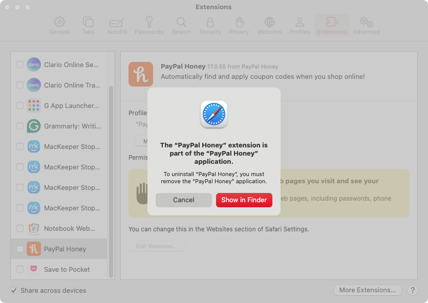 Click the 'Show in Finder' button, and macOS will reveal where the Safari extension is installed. Now you simply delete it like any other file or app.