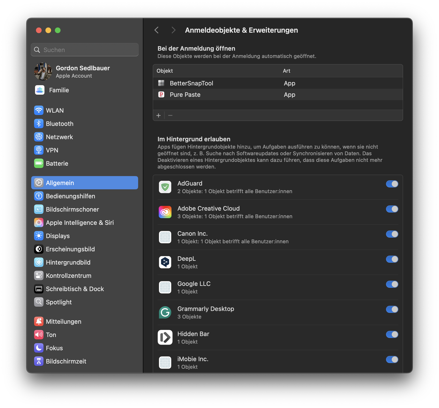 Startobjekte können Apps aufzeigen, die Ihren Bildschirm nach dem Einschalten Ihres Mac aufzeichnen. Wenn Sie verhindern möchten, dass eine App beim Anmelden geöffnet wird, wählen Sie sie aus und klicken Sie auf das Minuszeichen (-).