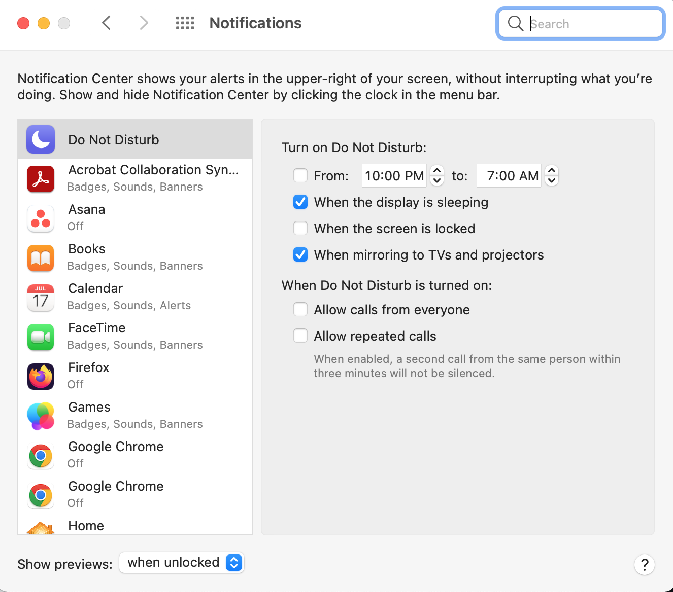 Do Not Disturb settings are opened in System Preferences. Customize DND settings to mute notifications according to your preferences.