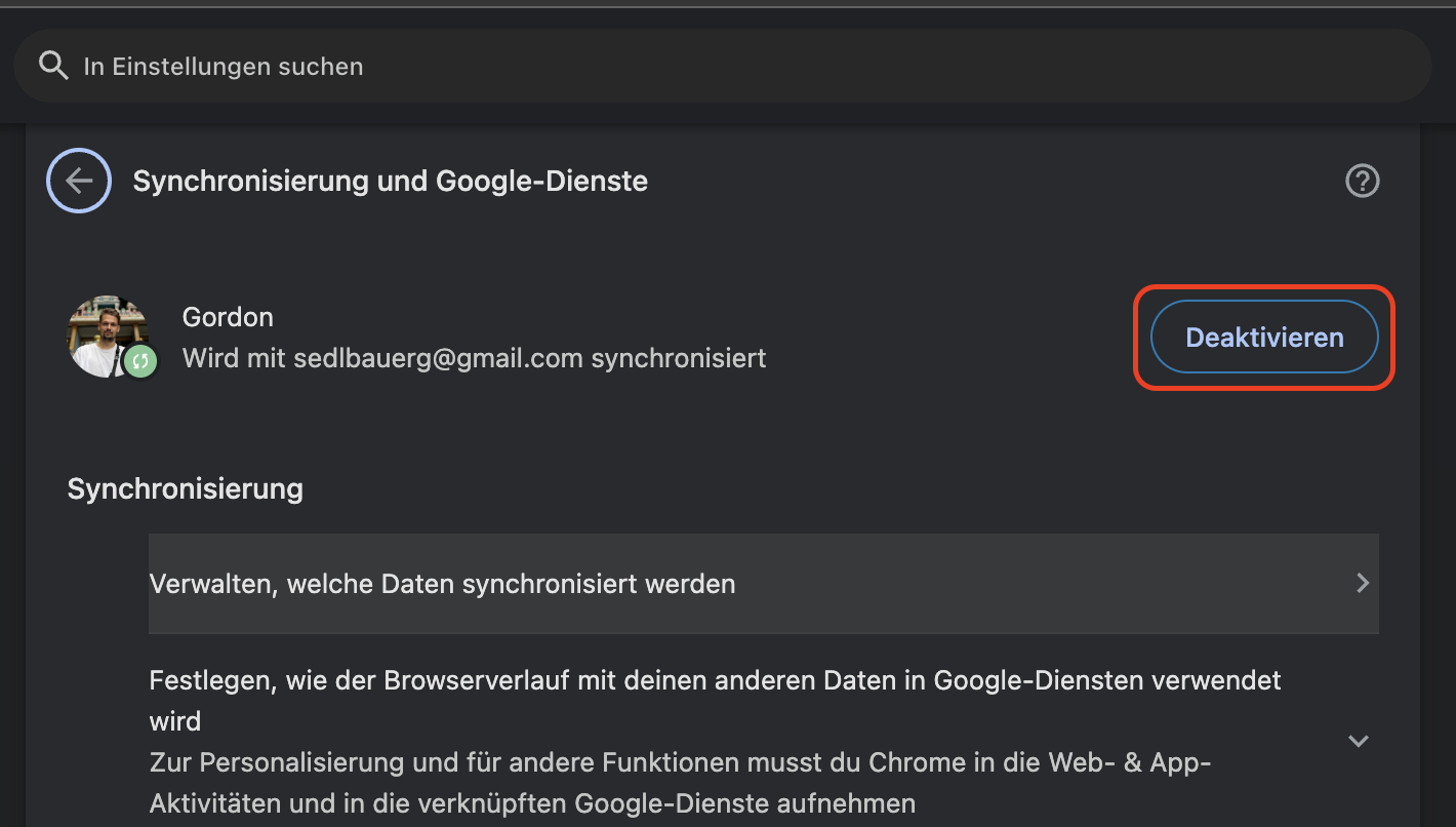 Klicken Sie in einem neuen Fenster auf Deaktivieren, um die Synchronisierung in Google Chrome zu beenden.