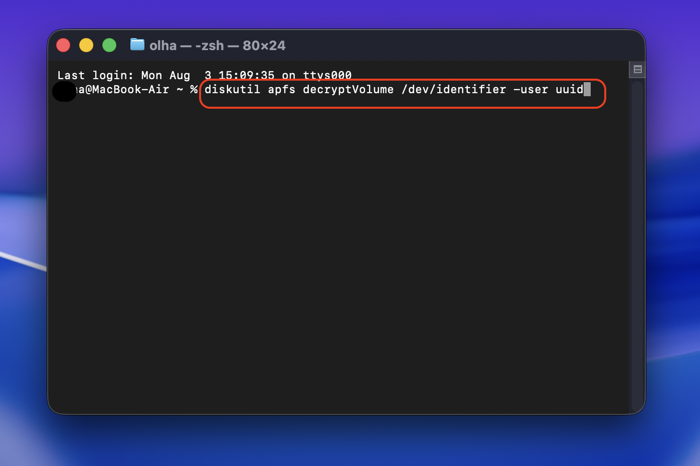 To disable FileVault, copy and paste the command diskutil apfs decryptVolume /dev/identifier -user uuid (replace identifier and UUID with yours).