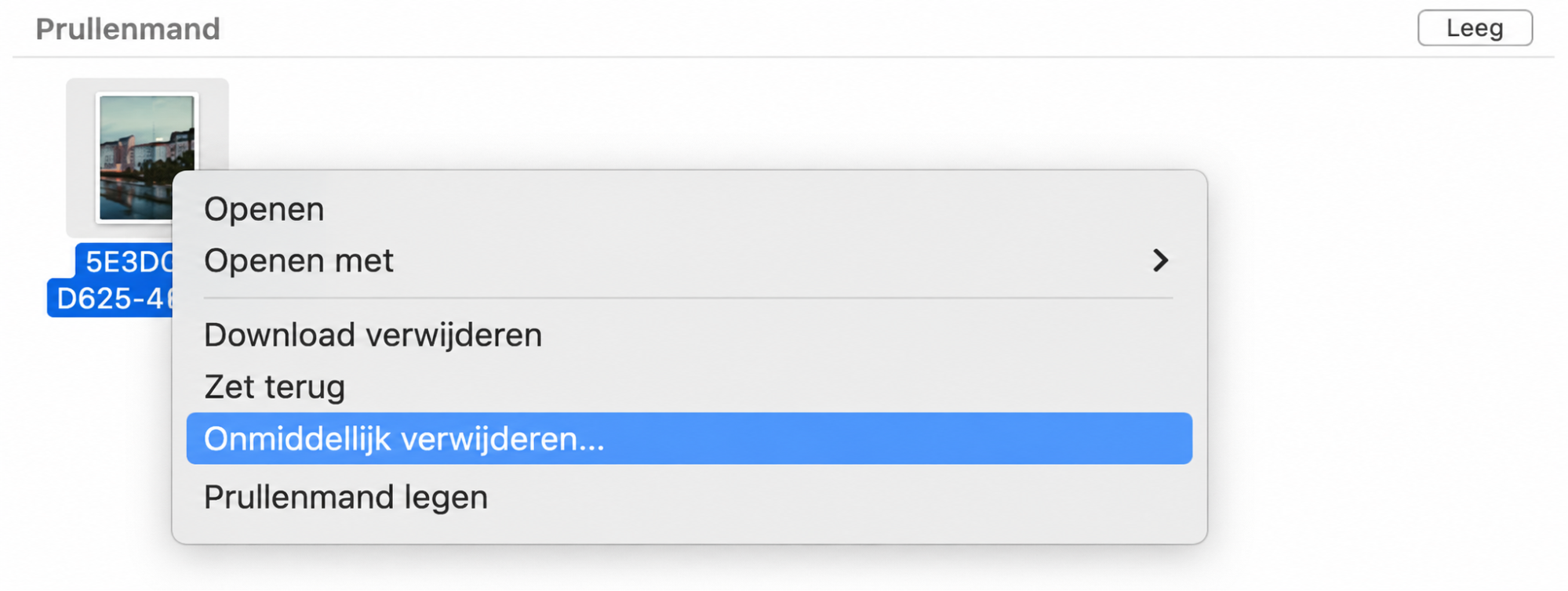 Als je nog steeds de prullenbak niet kunt legen op de Mac, ga dan naar het bestand dat je wilt verwijderen. Klik daarna op de knop Onmiddellijk verwijderen.