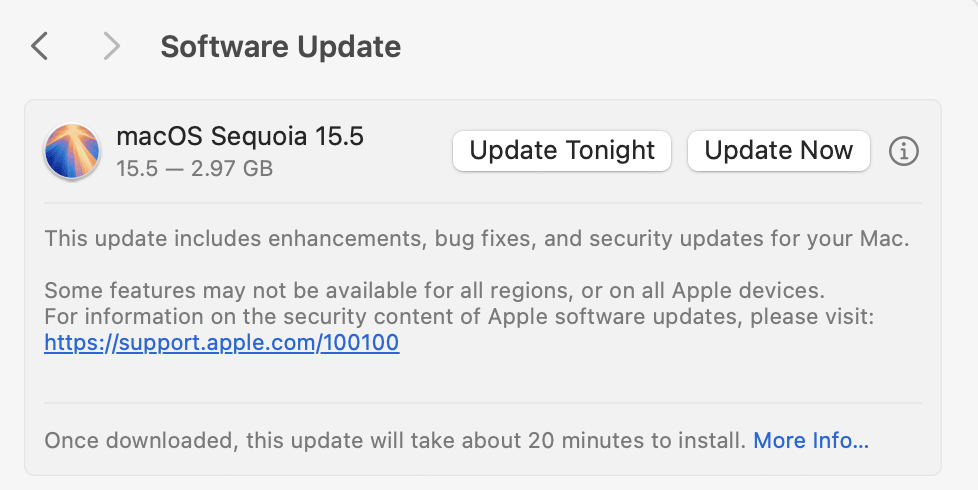 If you need to update your software, you'll see an option to do so. Select Update Now; if needed, enter your Apple Account password or use Touch ID. You'll then need to comply with Apple's licensing agreement. 