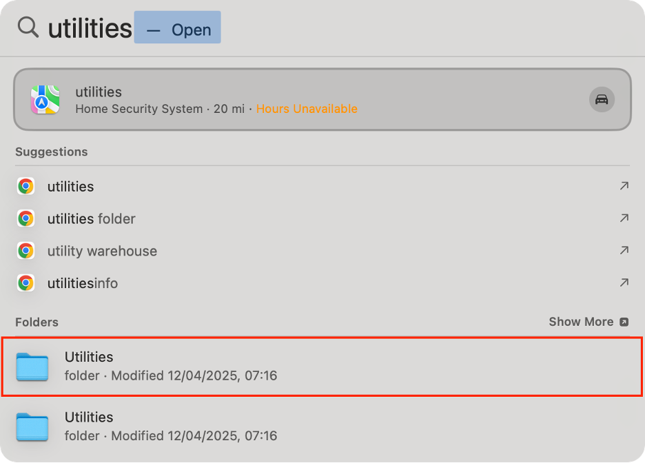To access Utilities on your Mac, launch Spotlight, use the search bar, and open the folder.