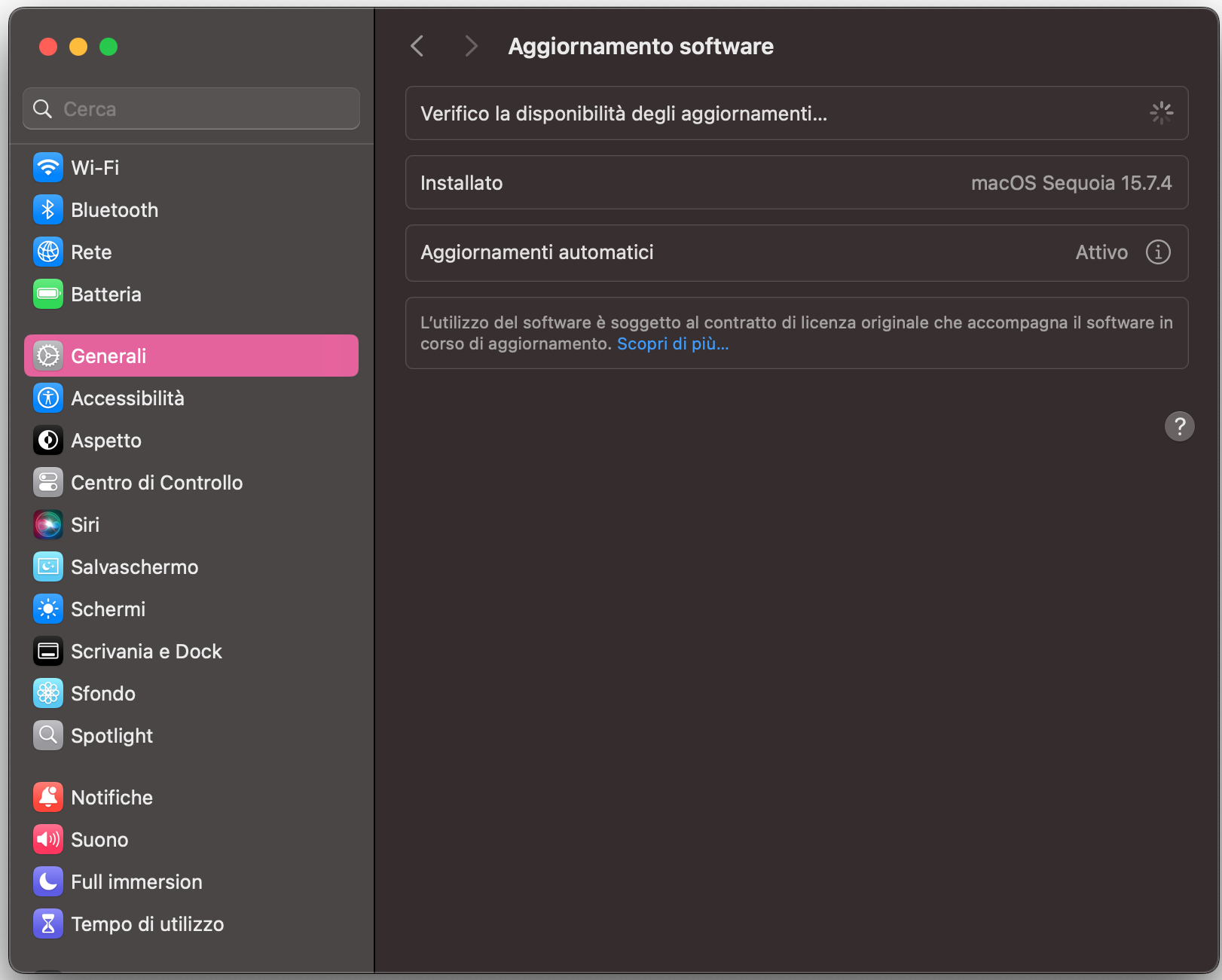 Una volta pronto per aggiornare il software macOS, puoi andare su Impostazioni di Sistema > Generali e selezionare Aggiornamento Software. Se è disponibile un aggiornamento, seleziona Aggiorna ora.