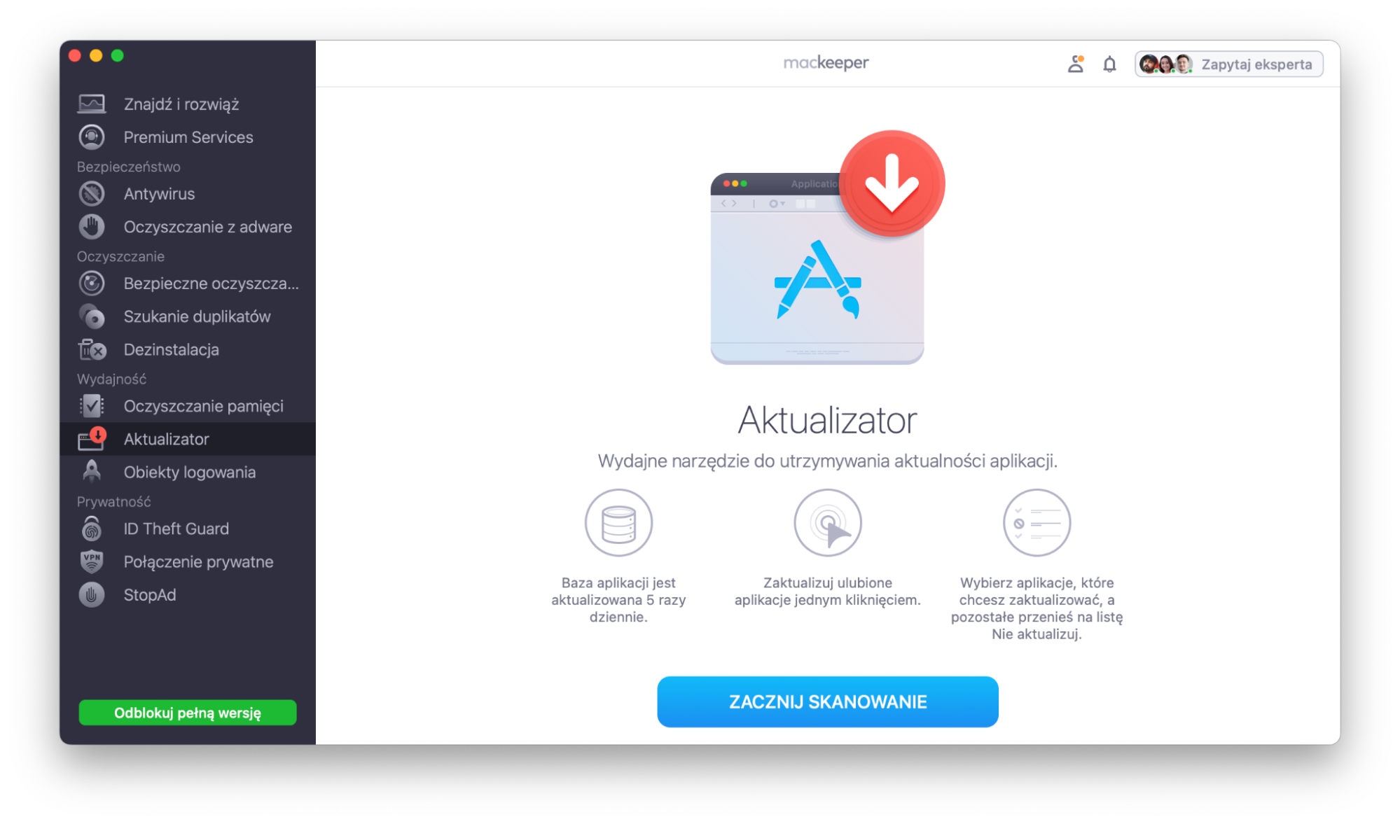 W oknie funkcji Aktualizator, otwartym z lewej strony interfejsu aplikacji MacKeeper, zobaczysz opcję skanowania w poszukiwaniu aktualizacji, na dole na środku.
