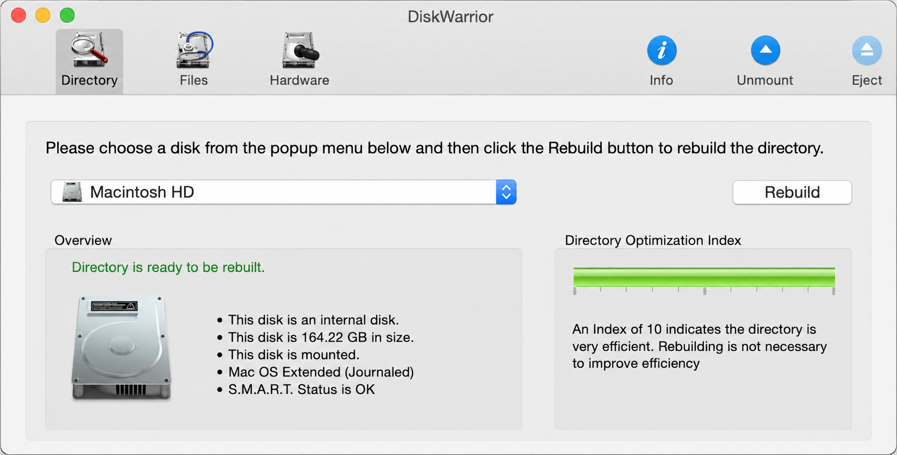 DiskWarrior Directory tab on a MacBook, with Macintosh HD selected and the Rebuild button used to repair an older HFS+ drive directory.