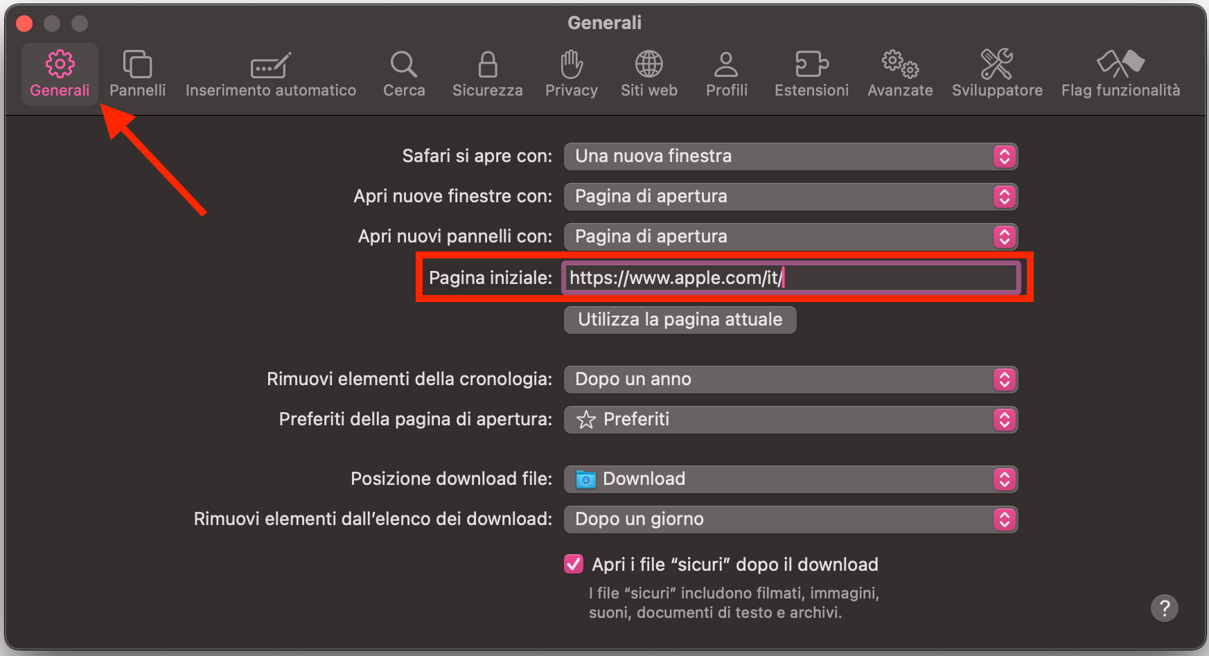 Il menu Generali dentro Safari su Mac. Controlla la tua Homepage, poi inseriscine una nuova se necessario.