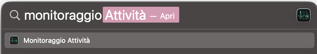 Una volta aperto Spotlight sul tuo Mac, cerca Monitoraggio Attività. Seleziona l’app quando compare nei risultati di ricerca — dovrebbe trovarsi in alto nello schermo.