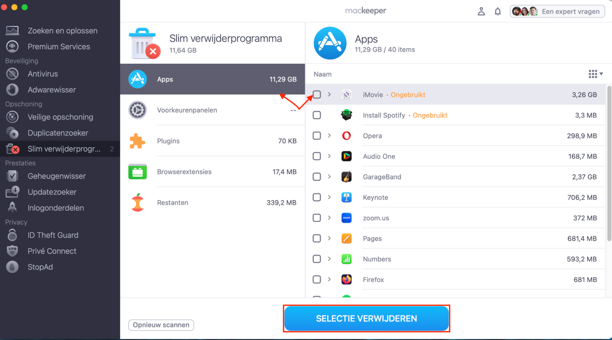 Slim Verwijderprogramma in MacKeeper op de Mac om apps en bijbehorende bestanden snel te verwijderen.
