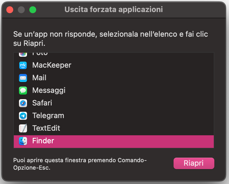 Per ripristinare le icone del desktop, riavvia Finder e il tuo Mac. Dopo aver cliccato sul menu Apple nella barra dei menu e scelto l'opzione Uscita forzata, clicca su Finder e premi il pulsante Riapri.