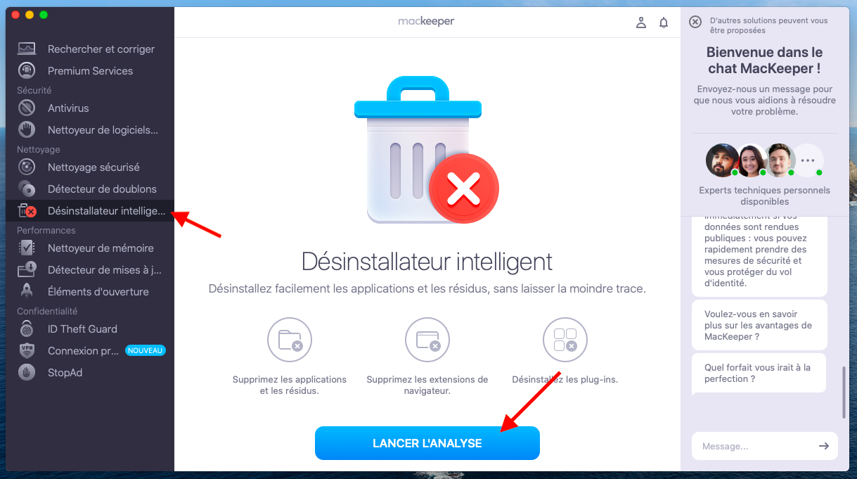 L'outil Désinstallateur intelligent se trouve dans MacKeeper sur macOS Monterey. Cliquez sur Lancer l'analyse pour localiser toutes les applications, fichiers indésirables, extensions de navigateur que vous souhaitez supprimer.