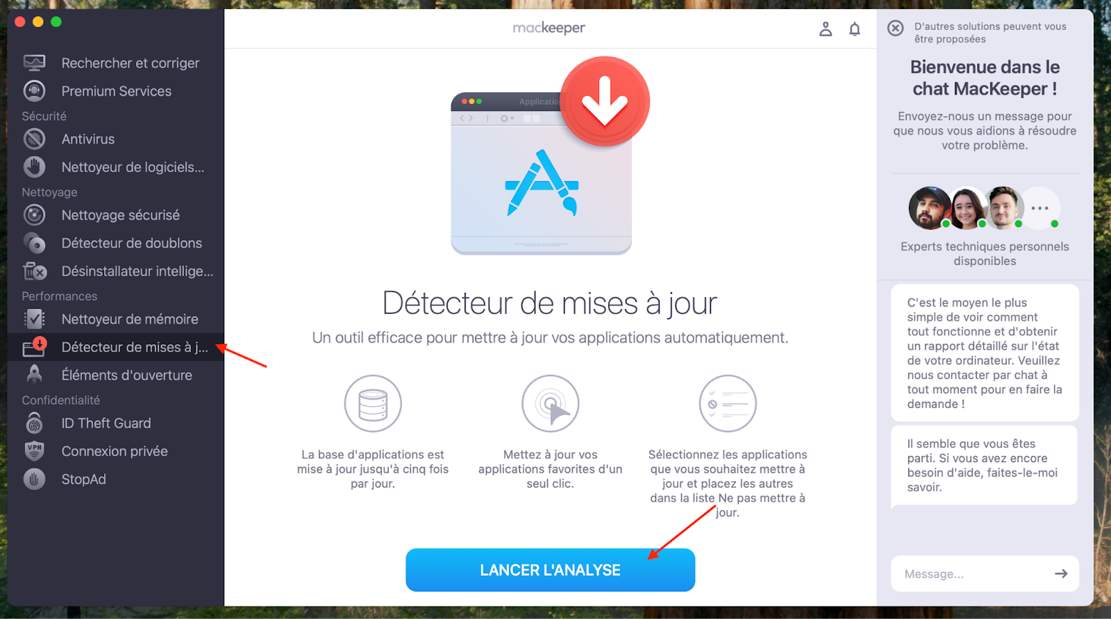 La fonctionnalité Détecteur de mises à jour est disponible dans MacKeeper sur macOS Monterey. Cliquez sur Lancer l'analyse pour trouver toutes les mises à jour disponibles pour vos applications installées.