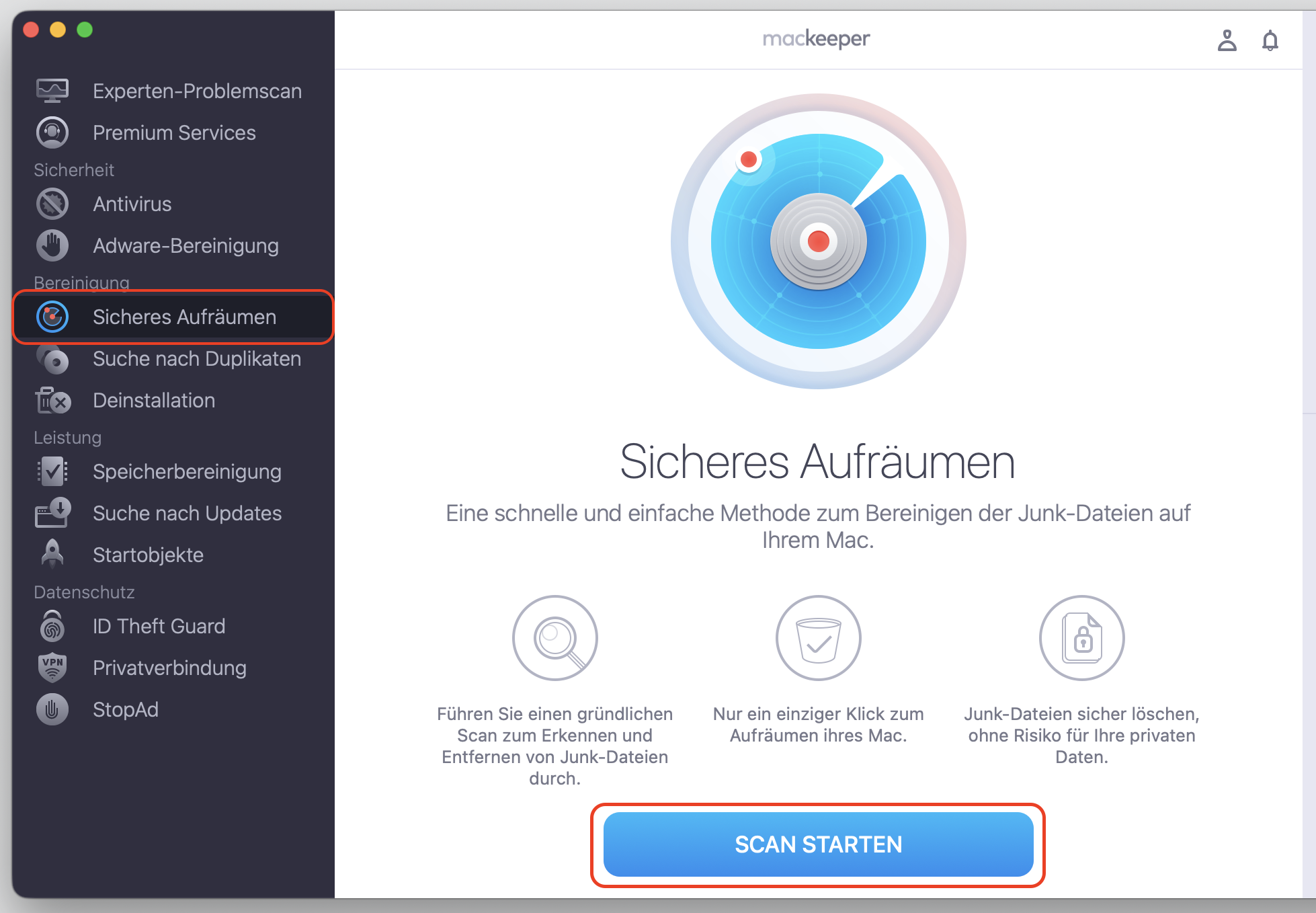 Den Cache auf einem macOS mit Monterey leeren, indem Sie MacKeeper öffnen und zu Bereinigung > Sicheres Aufräumen navigieren. Anschließend können Sie nach zu entfernenden Caches suchen.