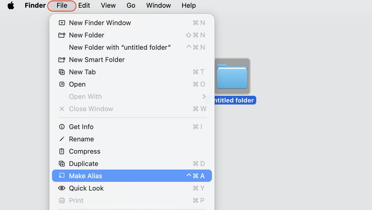 Finder's File menu open on macOS, showing the Make Alias option selected from the menu bar to create an alias on an Apple device.