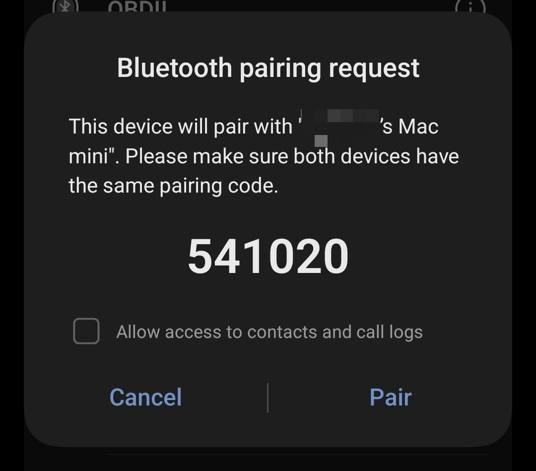 On your Android phone or tablet, you'll see a similar notification. Choose whether you want your Mac to be able to access contents and call logs, then tap 'Pair'.