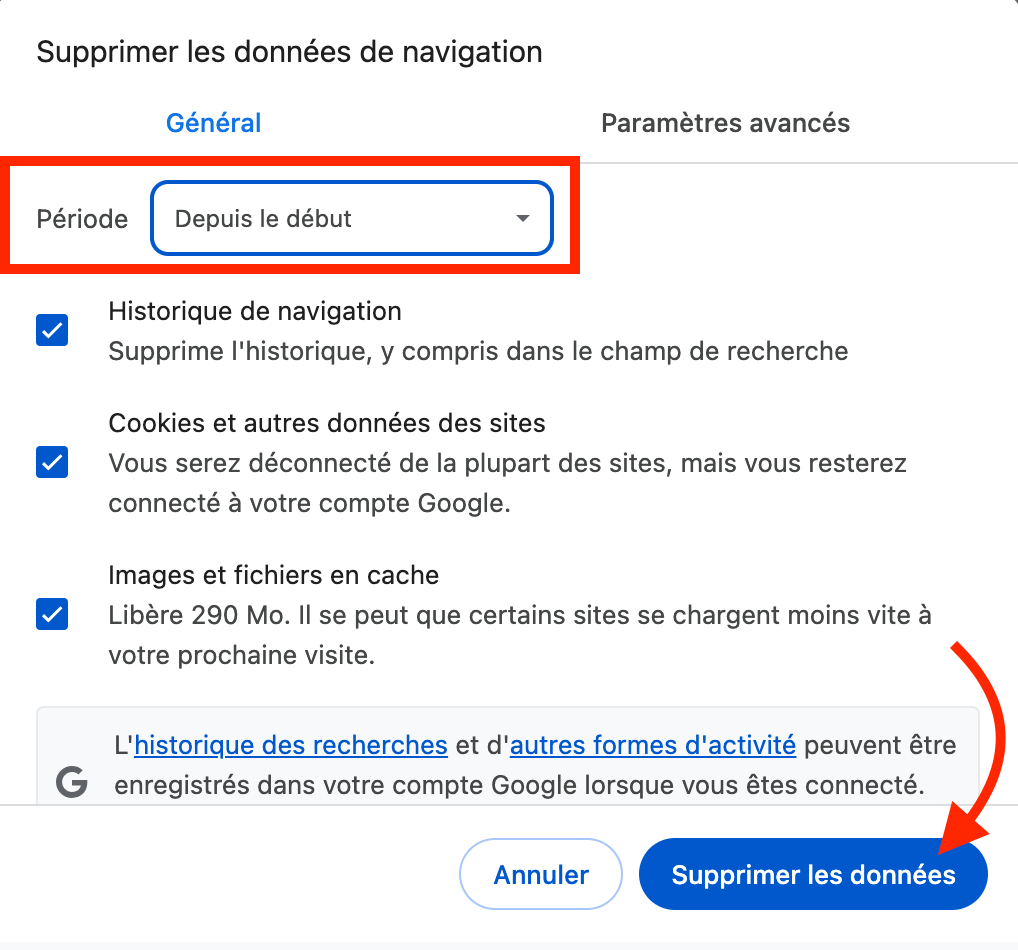 Dans la fenêtre qui s’ouvre, assurez-vous d’avoir sélectionné Depuis le début dans Période et cliquez sur Supprimer les données.