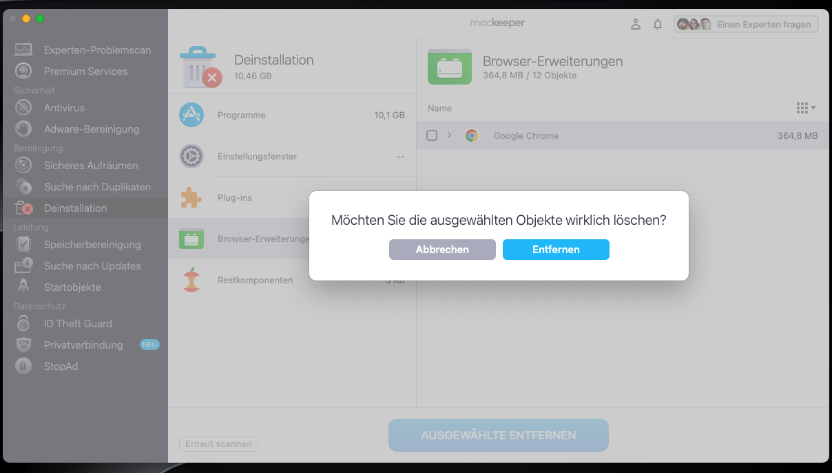 Klicken Sie in einem Dropdown-Fenster auf Entfernen, um die ausgewählten Elemente zu löschen.