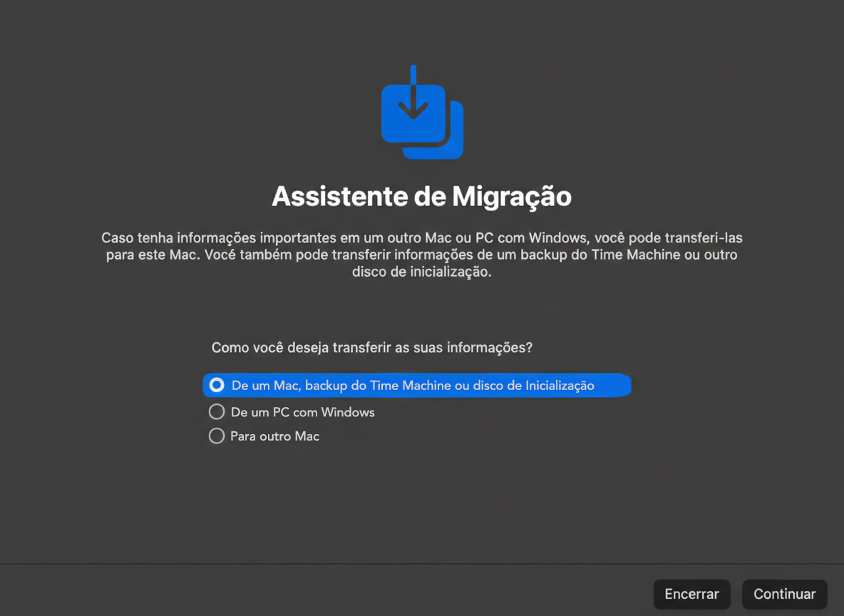 O Assistente de Migração no Mac mostra todas as opções para transferir dados. Para usar o Assistente de Migração para mover conteúdo de um Mac para outro, selecione De um Mac e clique em Continuar.