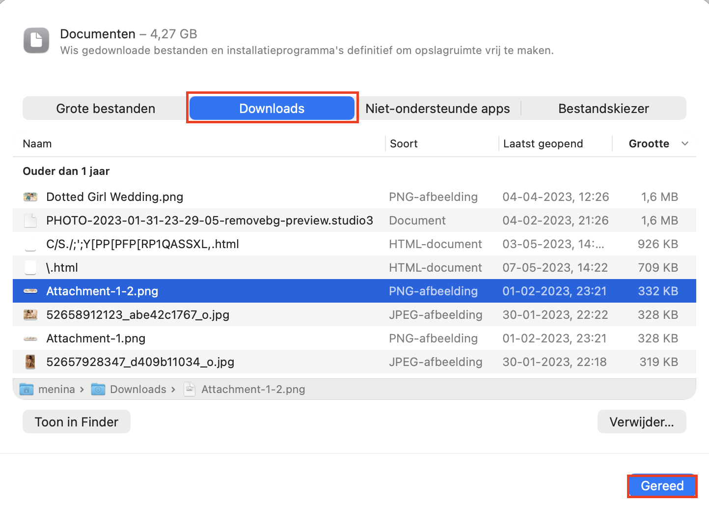 De sectie Documenten in de opslag van je Mac wordt weergegeven om inzicht te geven in hoeveel ruimte deze op de schijf inneemt. Kies het tabblad Downloads en verwijder hier de overbodige bestanden.