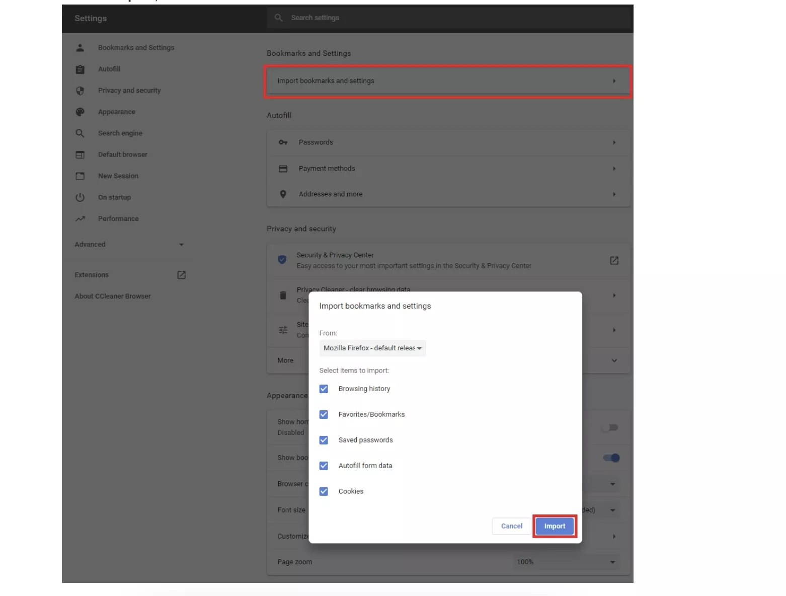 CCleaner vous permet d’importer des favoris et d’autres informations à partir d’une sélection de navigateurs. Allez dans les paramètres de l’application, choisissez votre navigateur et importez vos données pour commencer le processus.