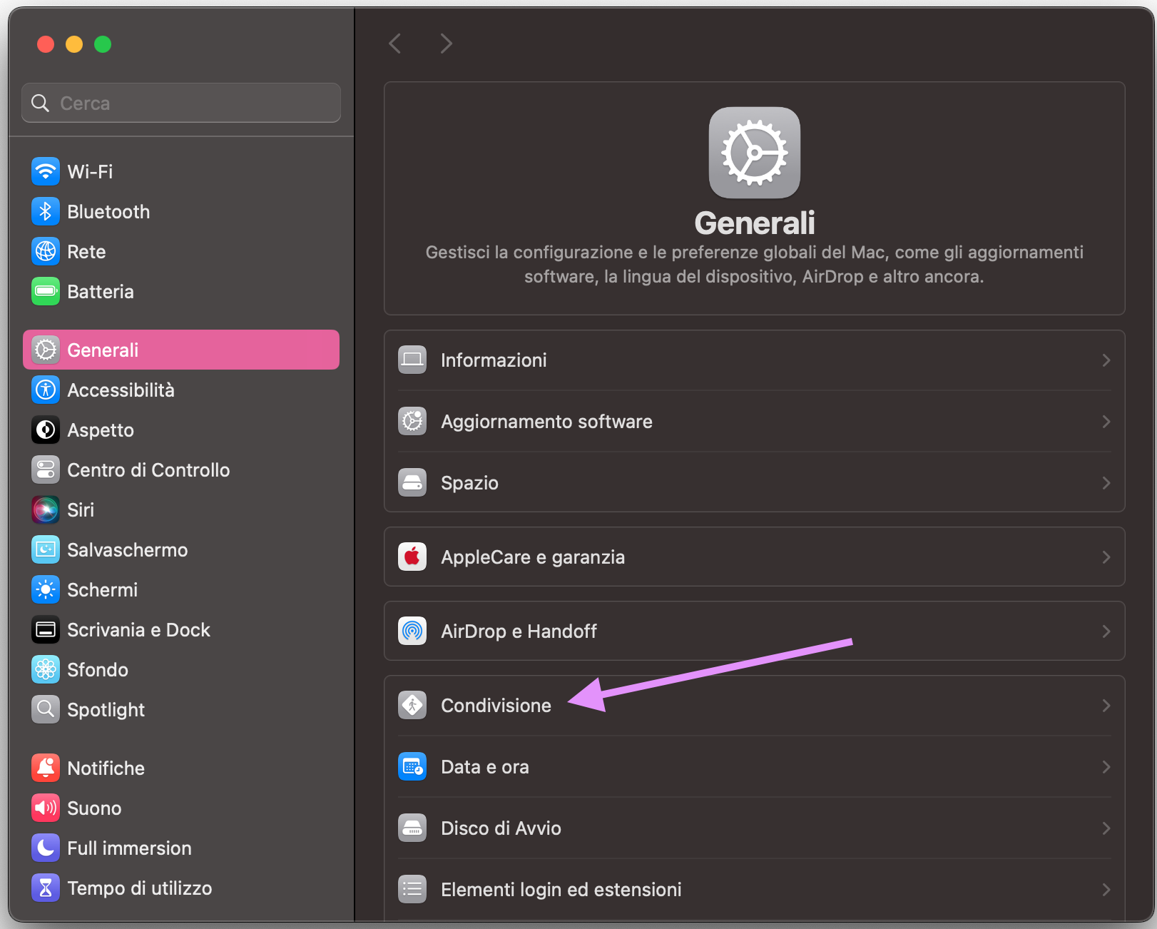 Impostazioni di Sistema su Mac mostra il menu Generali. Per usare la condivisione file via Bluetooth e copiare file da un Mac all’altro, fai clic su Condivisione per vedere tutte le opzioni disponibili.