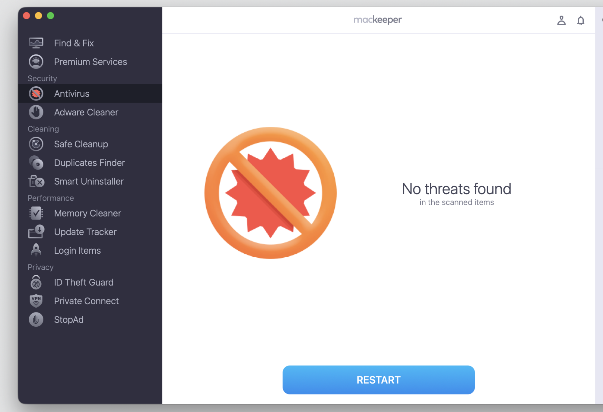 MacKeeper's Antivirus scan results on macOS showing detected threats to remove, ruling out malware behind the clipboard not allowed error.