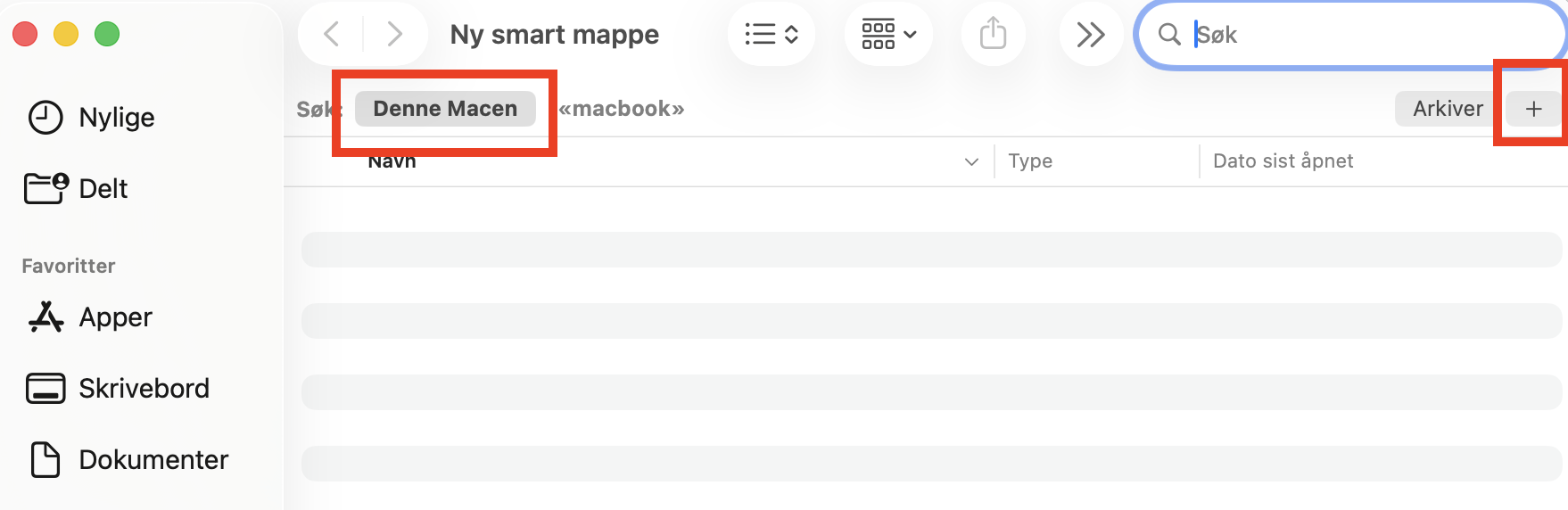 I vinduet «Ny smart mappe» velger du «Denne Macen» og klikker på plussikonet. Det betyr at du søker gjennom hele Macen din, men du kan også velge bestemte mapper.