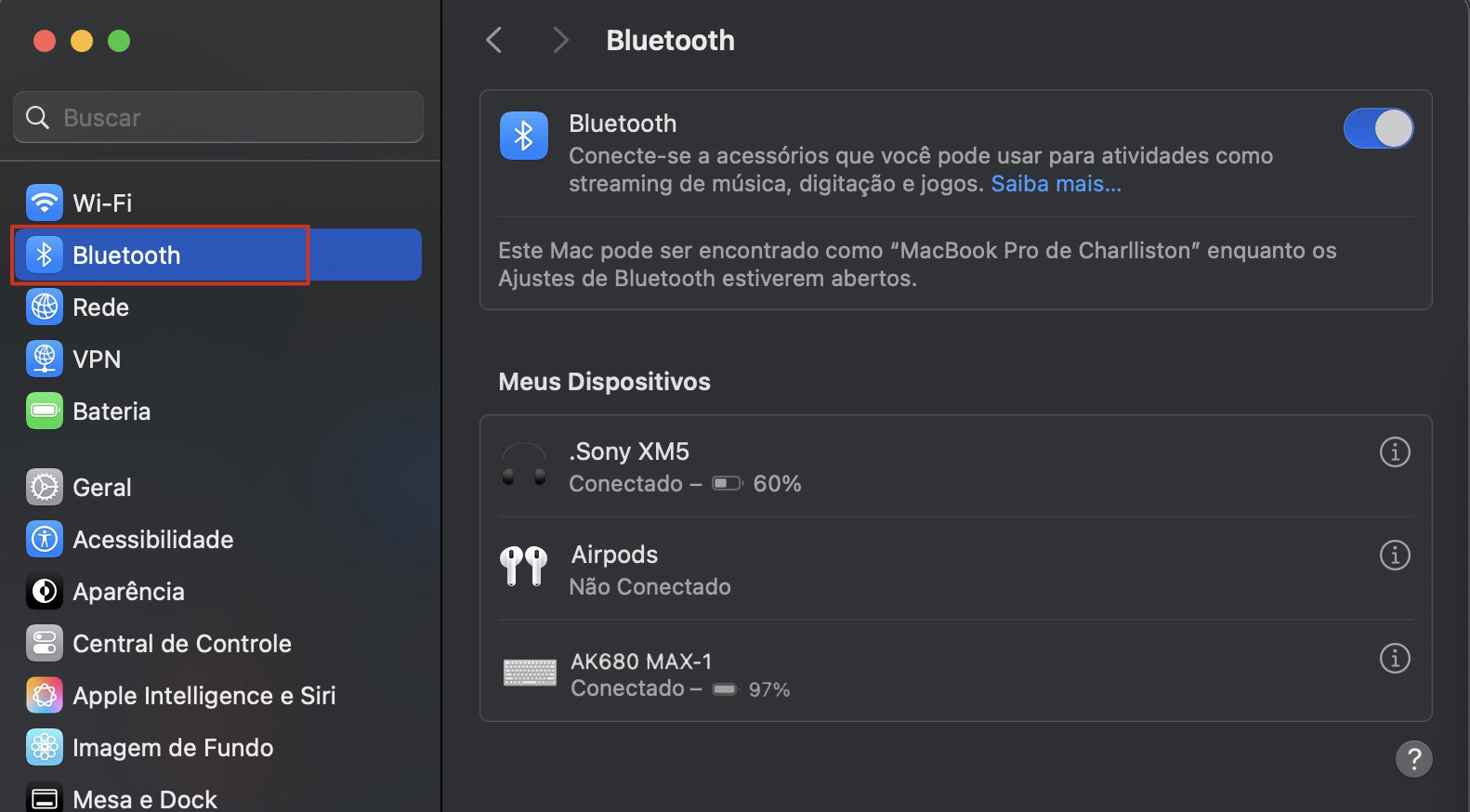 O ícone A opção Bluetooth selecionada em no aplicativo Preferências Ajustes do Sistema como outra possível maneira de solucionar o problema do teclado do Mac que parou de funcionar