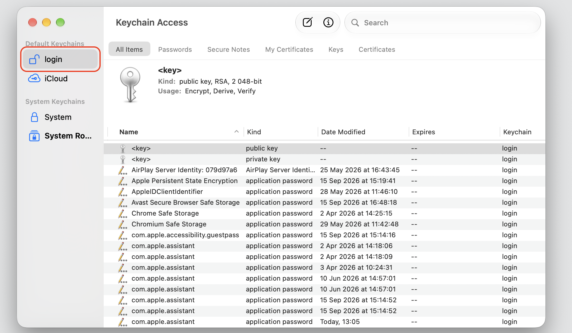 The Keychain Access app on a MacBook with the login keychain selected in the sidebar to find old OneDrive credentials for the damaged app.