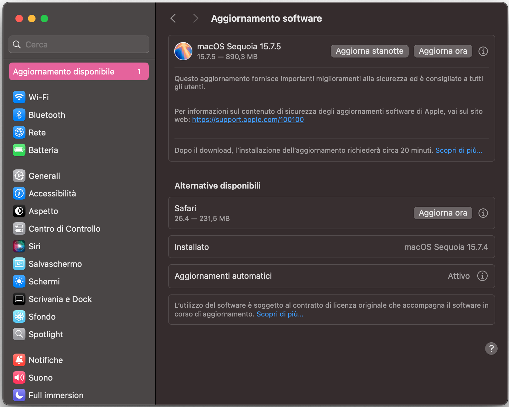 La finestra Aggiornamento Software mostra gli aggiornamenti disponibili per il tuo MacBook. Se vuoi aggiornare il sistema, fai clic su Riavvia ora.